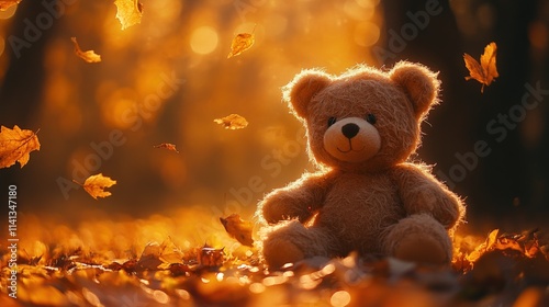 Cozy Teddy Bear Among Autumn Leaves