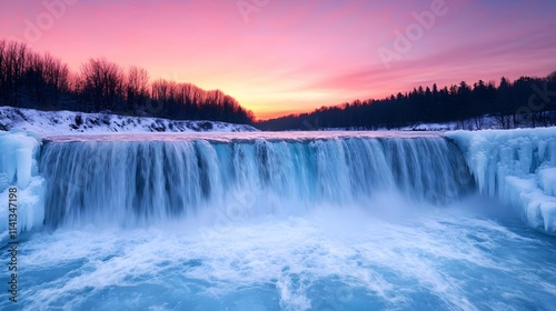 Majestic Frozen Waterfall at Sunrise