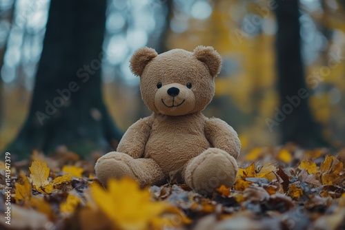 Whimsical Teddy Bear Surrounded by Autumn Leaves