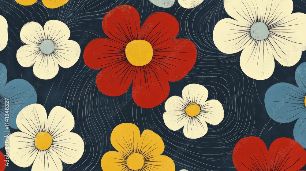 Colorful 60s Inspired Flower Pattern with Wavy Lines Colorful 60s Inspired Flower Pattern with Wavy Lines