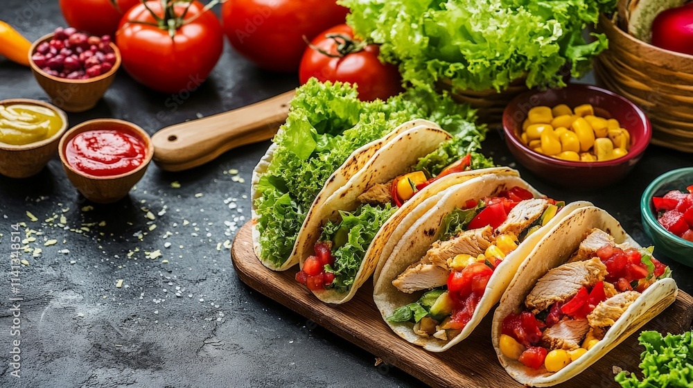 Vibrant Display of Chicken Tacos with Toppings Vibrant Display of Chicken Tacos with Toppings