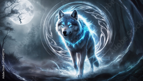 Shamanic spirit animal wolf with glowing blue eyes emerging from mystical mist under a full moon