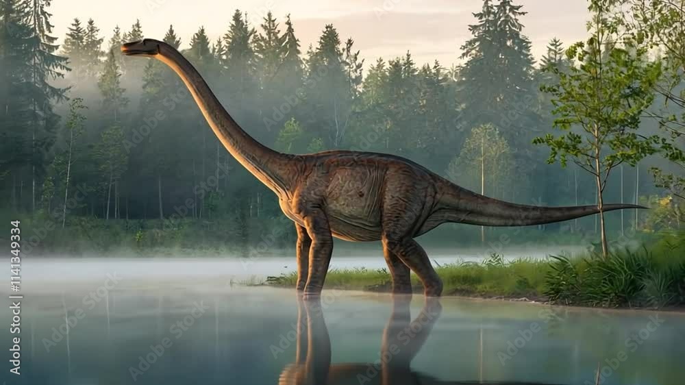 A Parasaurolophus stands by a lake, its long crest catching the morning light. The water reflects the forest, creating a peaceful atmosphere.