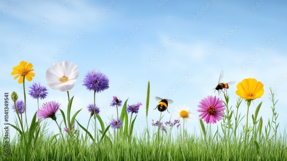 Fototapeta premium Vibrant flowers and bees in a sunny meadow under a blue sky.
