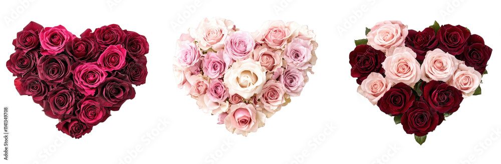 three heart-shaped arrangements of roses in various shades of pink and red. each featuring a unique color palette three heart-shaped arrangements of roses in various shades of pink and red. each featuring a unique color palette