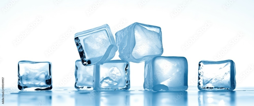 A close-up photo of several small, transparent ice cubes arranged in a row on a reflective surface. The ice cubes are clear and crystalline, with a few showing slight imperfections and air bubbles. Th A close-up photo of several small, transparent ice cubes arranged in a row on a reflective surface. The ice cubes are clear and crystalline, with a few showing slight imperfections and air bubbles. Th