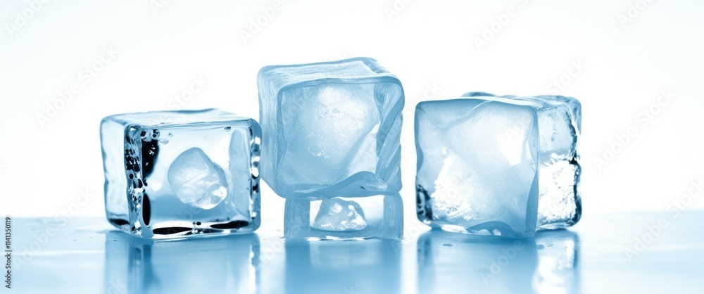 A close-up photo of several small, transparent ice cubes arranged in a row on a reflective surface. The ice cubes are clear and crystalline, with a few showing slight imperfections and air bubbles. Th A close-up photo of several small, transparent ice cubes arranged in a row on a reflective surface. The ice cubes are clear and crystalline, with a few showing slight imperfections and air bubbles. Th