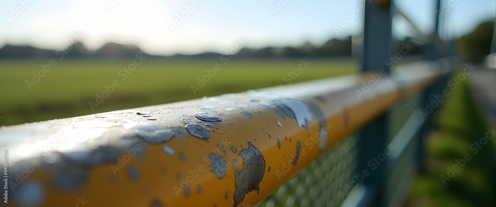 Fototapeta premium Close-up of a weathered yellow fence, paint peeling, revealing a blurry green field background. Sunlit, peaceful scene.