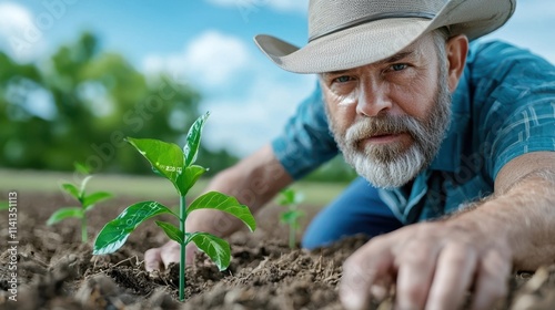 An elderly man with a long beard and wearing a hat carefully tends to a young seedling in a rural greenhouse He is working the soil and planting the crop in a sustainable eco friendly manner