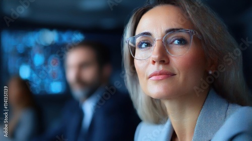 Wallpaper Mural Confident and Focused Blond Businesswoman Wearing Suit and Glasses in a Corporate Office Setting Engaged in a Serious Discussion or Planning Meeting Torontodigital.ca