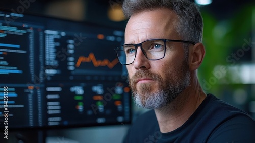 Serious Bearded Man in Glasses Closely Examining Data Graphs and Financial Analytics on Multiple Computer Screens in an Office Environment