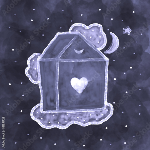 Сute house with a white heart inside and a moon on the roof, located in outer space on the clouds. black and white illustration..