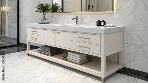 A sleek wallmounted vanity showcases a simple countertop with a single stylish faucet offering ample storage beneath in streamlined cabinetry. photo