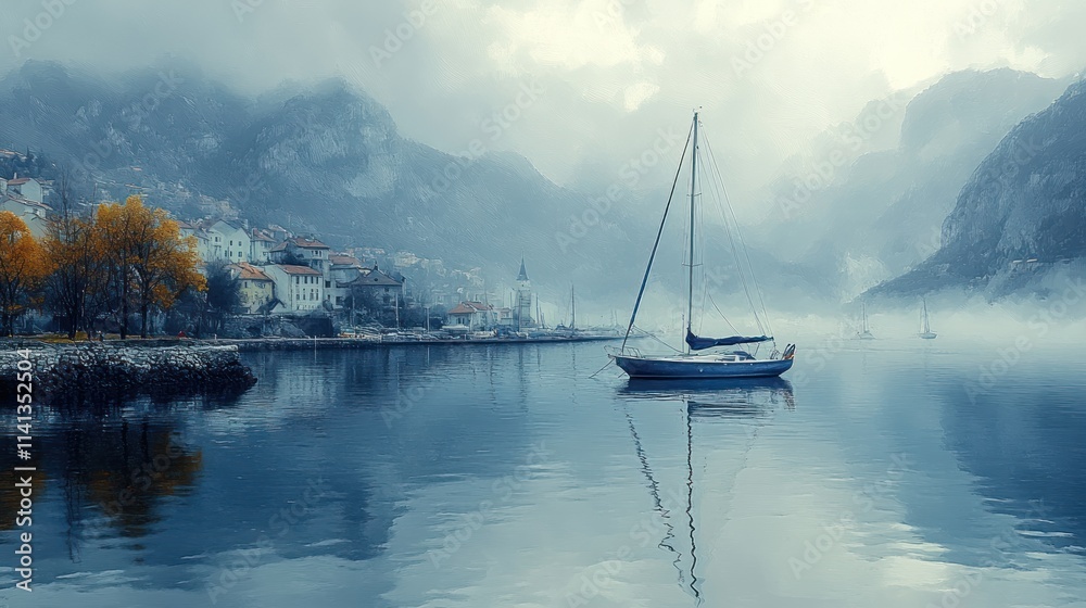 Sailboat on calm, misty fjord near village. Sailboat on calm, misty fjord near village.