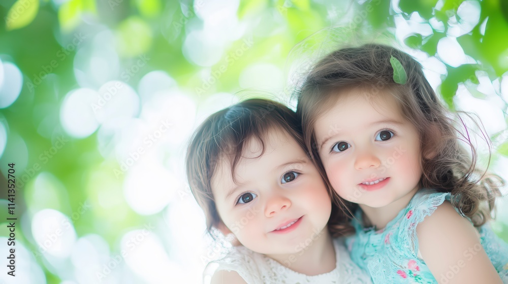 Two adorable children smile brightly against a soft, green background, exuding joy and innocence. Two adorable children smile brightly against a soft, green background, exuding joy and innocence.