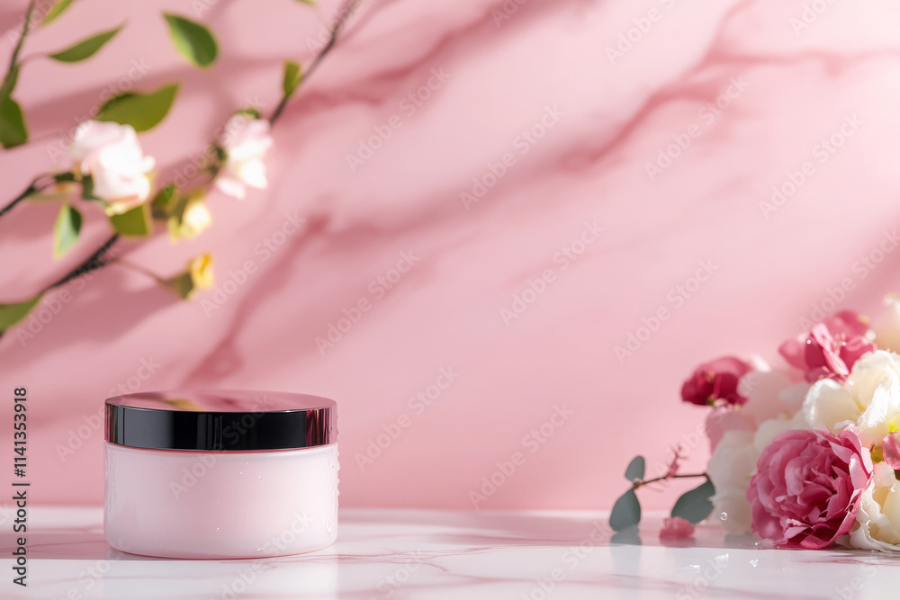 sleek hand cream jar on marble surface with pink flowers