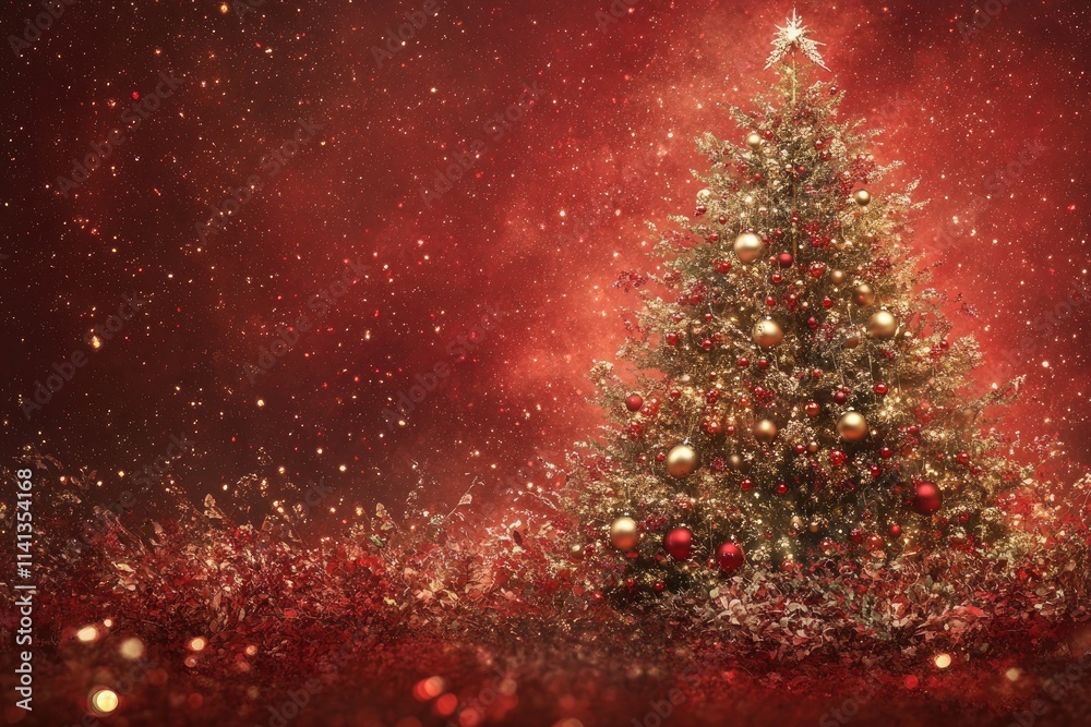 A Christmas tree adorned with golden and red baubles, with soft glowing lights and a radiant red glittering background for a warm and magical ambiance. A Christmas tree adorned with golden and red baubles, with soft glowing lights and a radiant red glittering background for a warm and magical ambiance.
