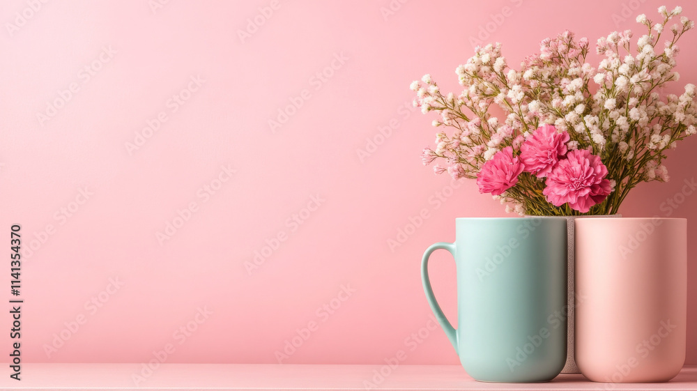 Fresh flowers in pastel ceramic cups against pink background Fresh flowers in pastel ceramic cups against pink background