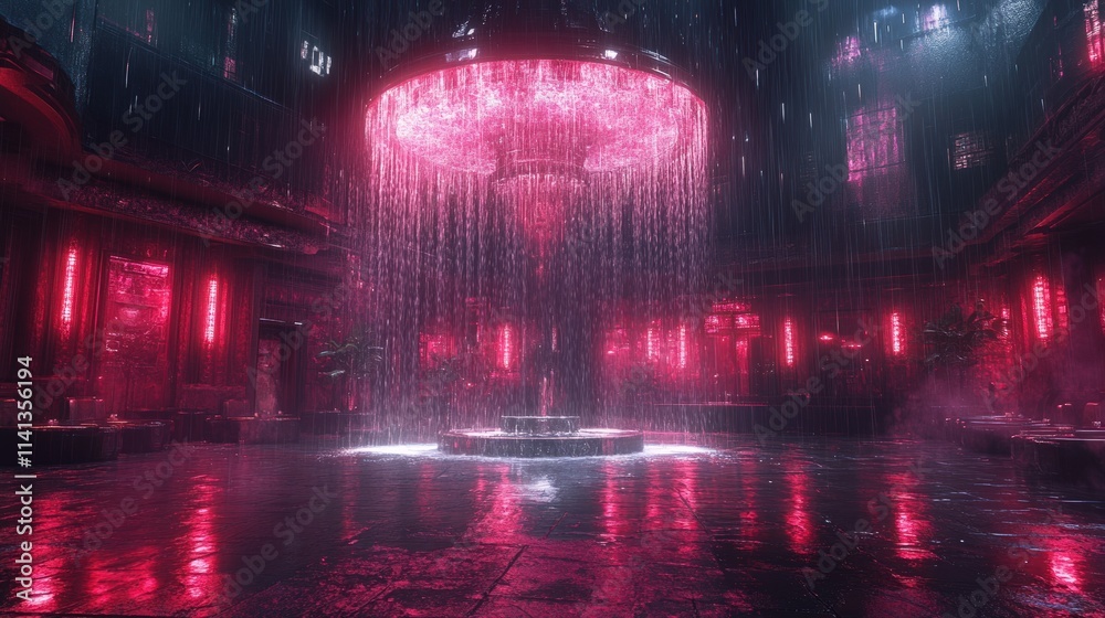 Naklejka premium Pink neon rain, futuristic atrium, wet floor.