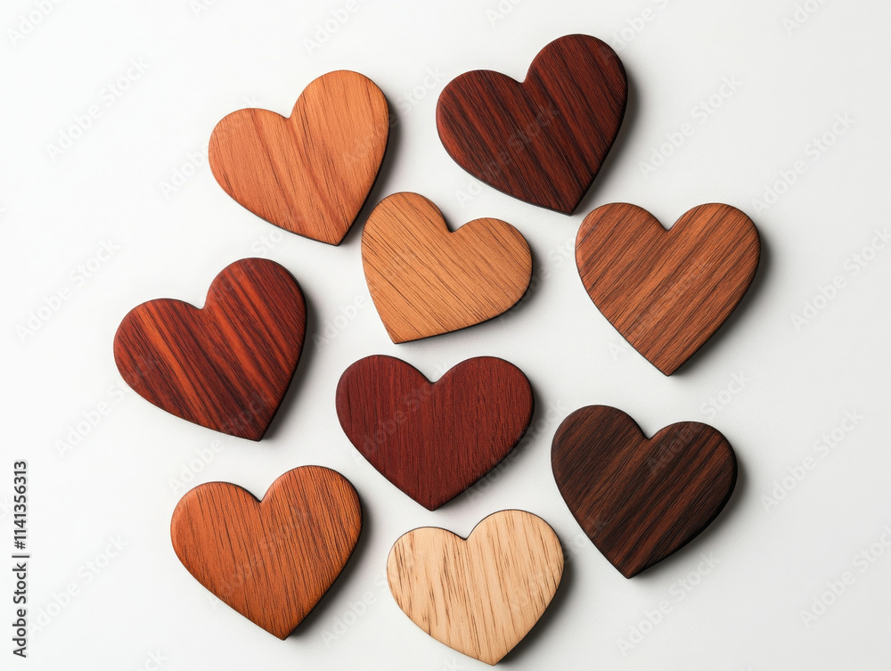 Wooden heart shapes in various shades arranged in circle, showcasing natural beauty Wooden heart shapes in various shades arranged in circle, showcasing natural beauty