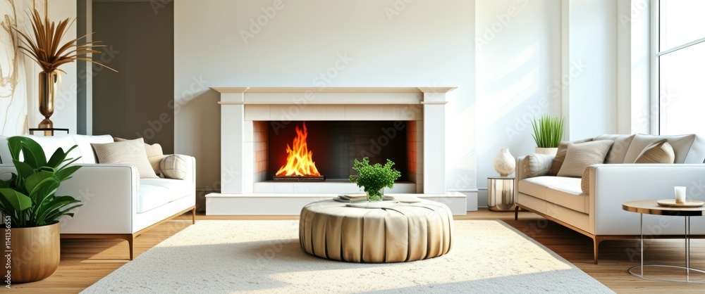 Fototapeta premium Photograph of a modern living room with a large, white, minimalist fireplace in the center. The fireplace has a wooden mantel and a roaring fire with bright flames. The room features a beige, round ot