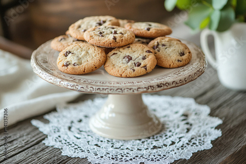 Delicious Chocolate Chip Cookies on a Decorative Cake Stand photo