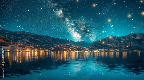 Night cityscape reflected in calm water under a stunning Milky Way galaxy.