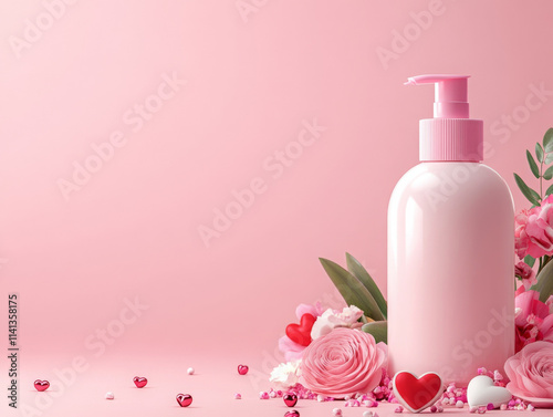 Moisturizing body lotion in pink bottle surrounded by flowers and hearts