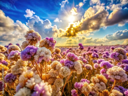 High-depth-of-field captures a sun-drenched Kermek Statice field; colorful dried flowers against a cloudy sky.