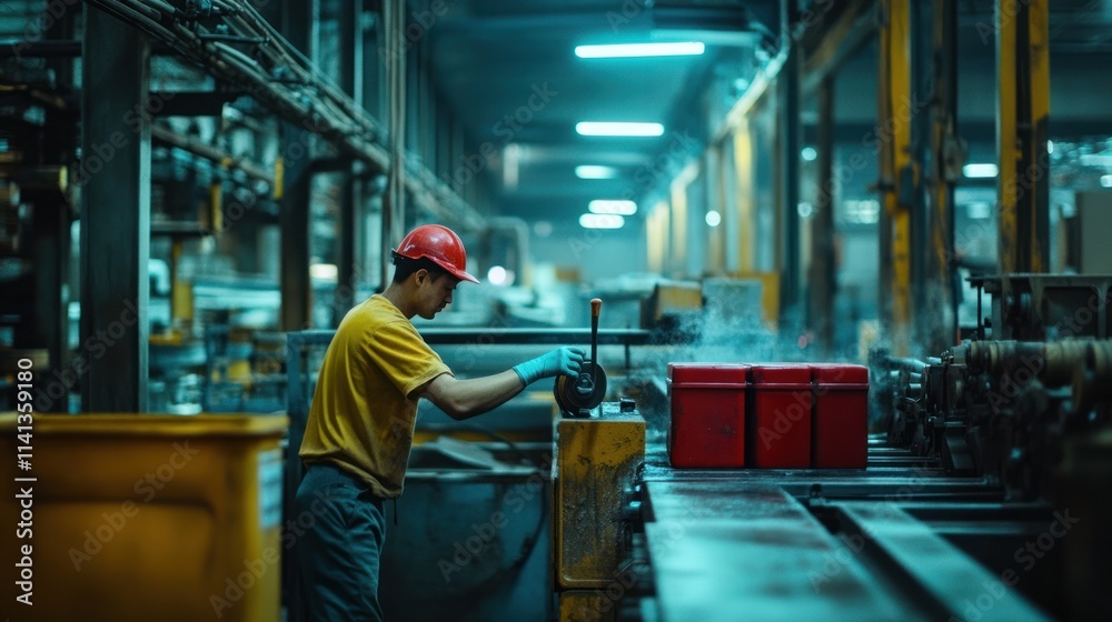 Industrial Worker Operating Machinery in a Factory Industrial Worker Operating Machinery in a Factory