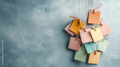 A set of index cards in assorted vibrant colors elegantly suspended mid air against a soft tranquil gray backdrop creating a minimalist and scene for design office or workspace
