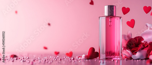 romantic pink perfume bottle surrounded by hearts and petals
