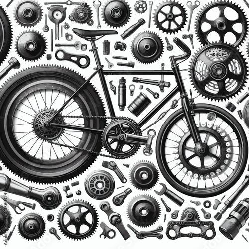 Gears, chains, wheels and other different parts of bicycle monochrome on white background
