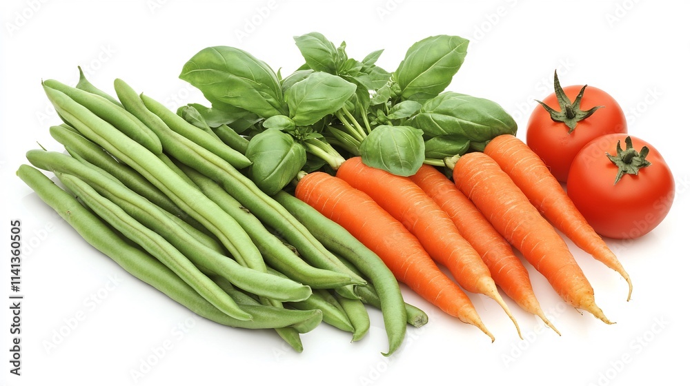 Fresh Garden Vegetables: A Colorful Array of Green Beans, Carrots, Tomatoes, and Basil Fresh Garden Vegetables: A Colorful Array of Green Beans, Carrots, Tomatoes, and Basil