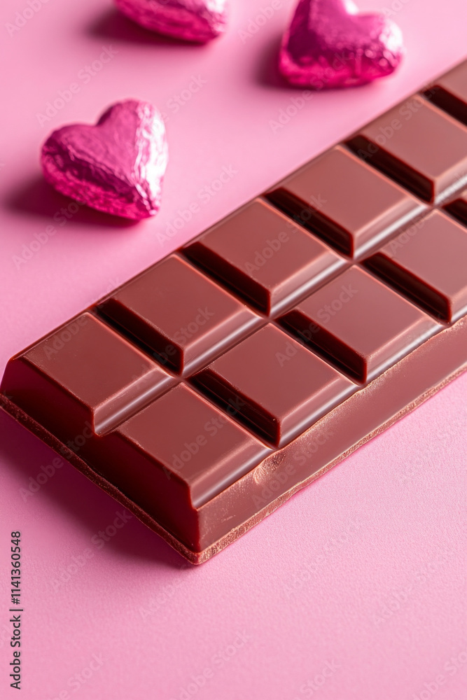 Delicious chocolate bar with heart shaped candies on pink background Delicious chocolate bar with heart shaped candies on pink background