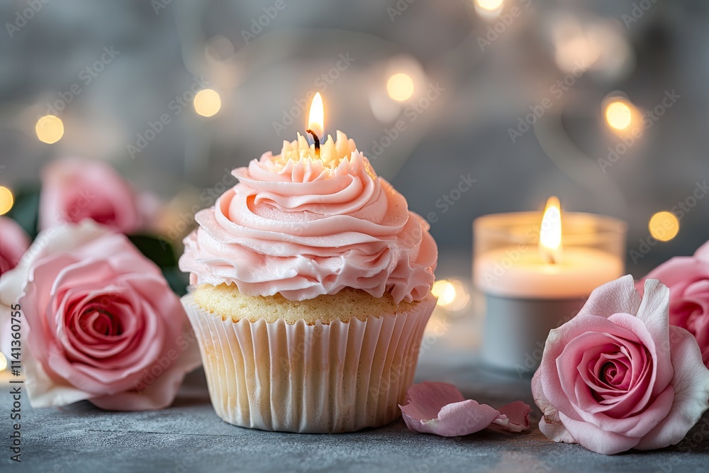 A close-up of a cupcake with creamy pink frosting and a lit candle, surrounded by pink roses and soft fairy lights.