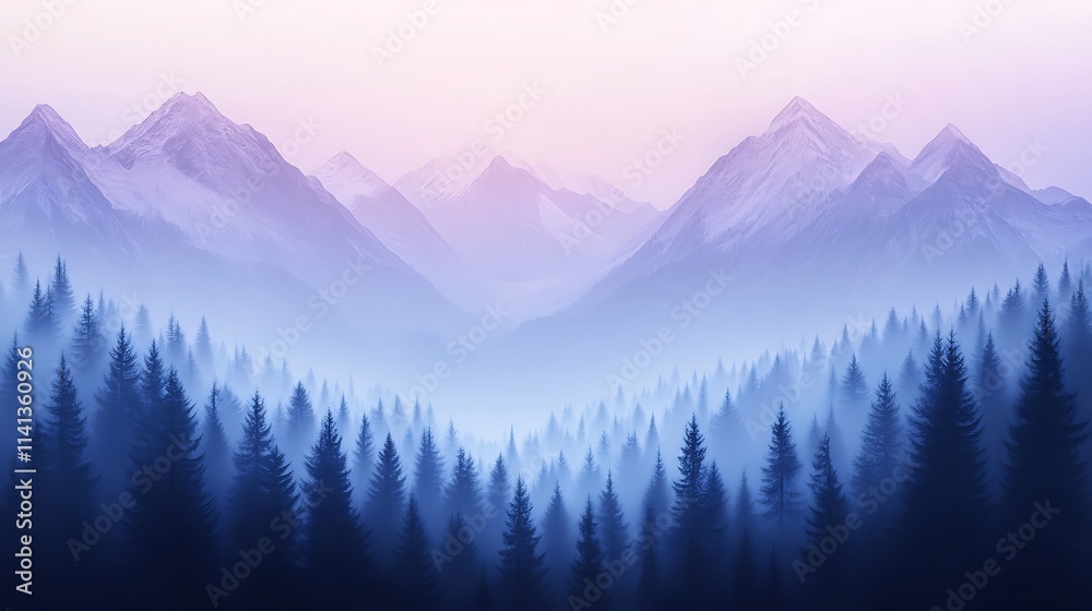 Misty Mountains and a Silhouetted Coniferous Forest Misty Mountains and a Silhouetted Coniferous Forest