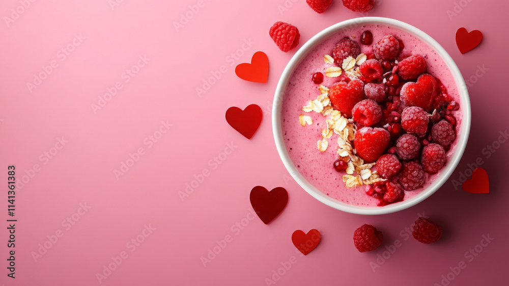 Smoothie bowl with raspberries and oats, surrounded by heart shapes