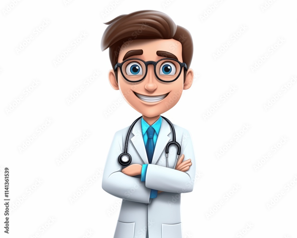 Friendly Cartoon Doctor Smiling with Glasses and Lab Coat Friendly Cartoon Doctor Smiling with Glasses and Lab Coat
