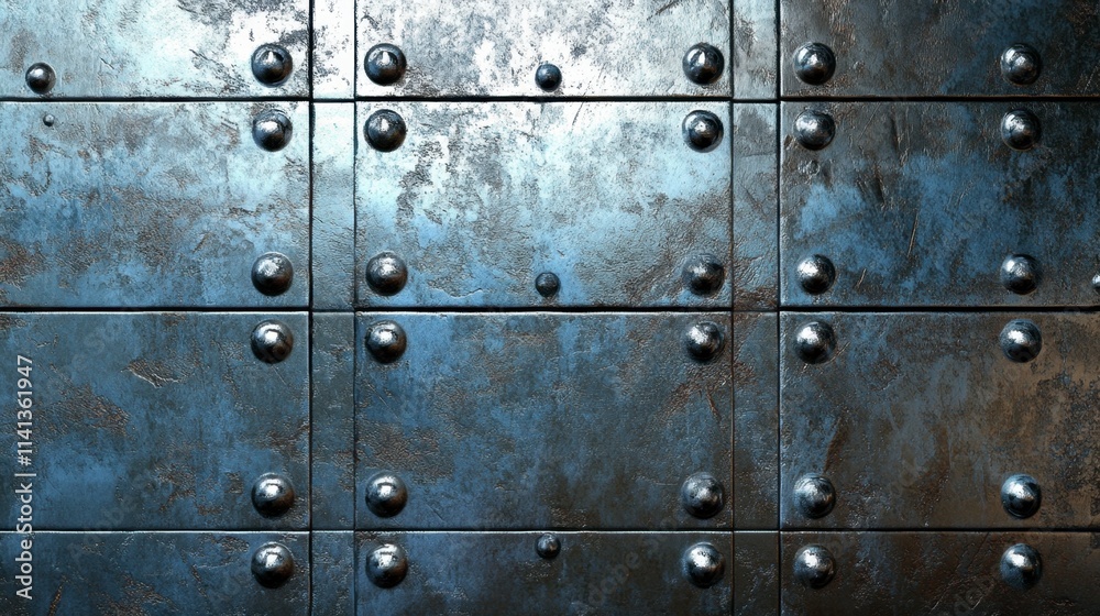 Fototapeta premium Dark Blue Metallic Background, Industrial Steel Texture, Rivets