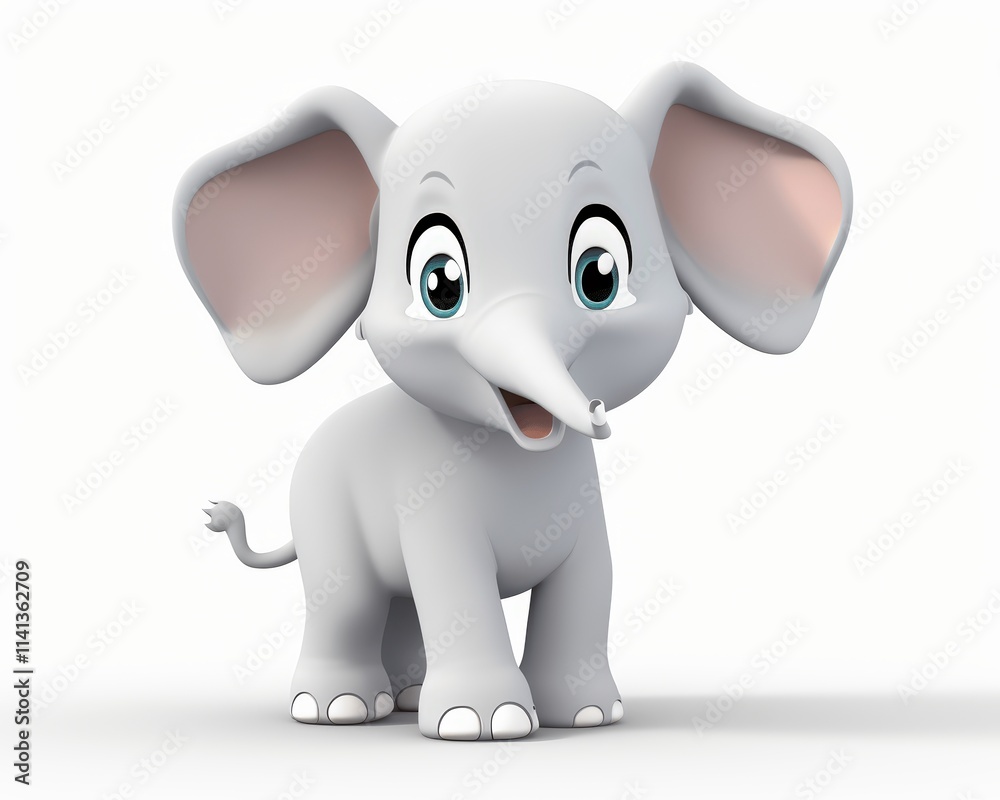 Fototapeta premium Cute Cartoon Baby Elephant with Big Eyes and Cheerful Expression