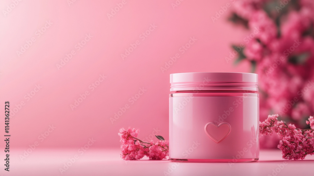 minimal lip scrub jar with heart design, surrounded by pink flowers minimal lip scrub jar with heart design, surrounded by pink flowers