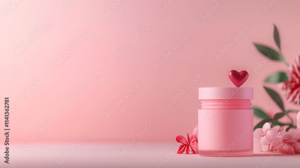 Fototapeta premium minimal mockup of lip scrub jar with heart shaped lid, surrounded by flowers