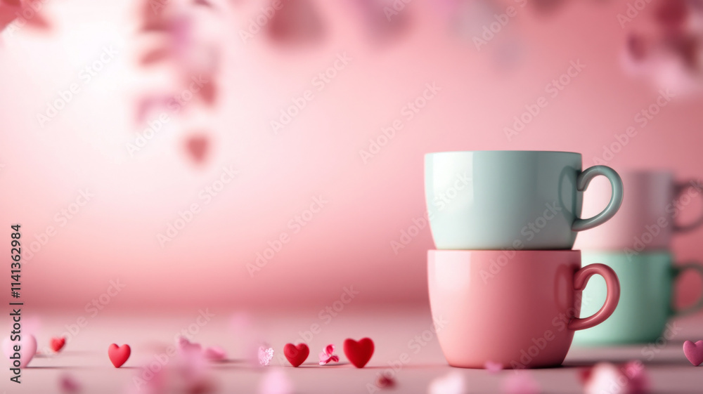 Minimalist espresso cups stacked with hearts and flowers in soft colors Minimalist espresso cups stacked with hearts and flowers in soft colors