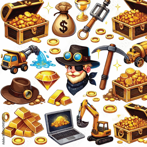 Gold mining and treasure digging set vector illustration