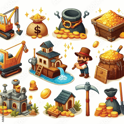 Gold mining and treasure digging set vector illustration