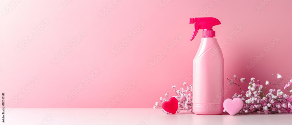 pink spray bottle with hearts and flowers on pastel background pink spray bottle with hearts and flowers on pastel background