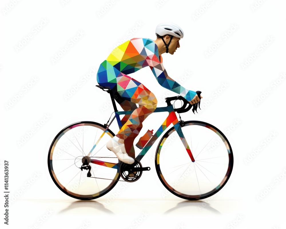 Fototapeta premium Colorful Geometric Cyclist Riding Bicycle in Dynamic Pose