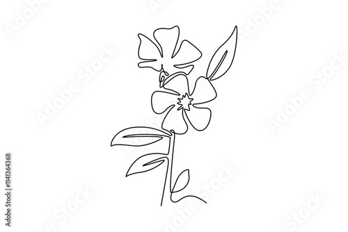 Single continuous line drawing of beauty fresh catharanthus for garden logo. Decorative periwinkle flower concept for home wall decor art poster print. One line draw graphic design vector illustration