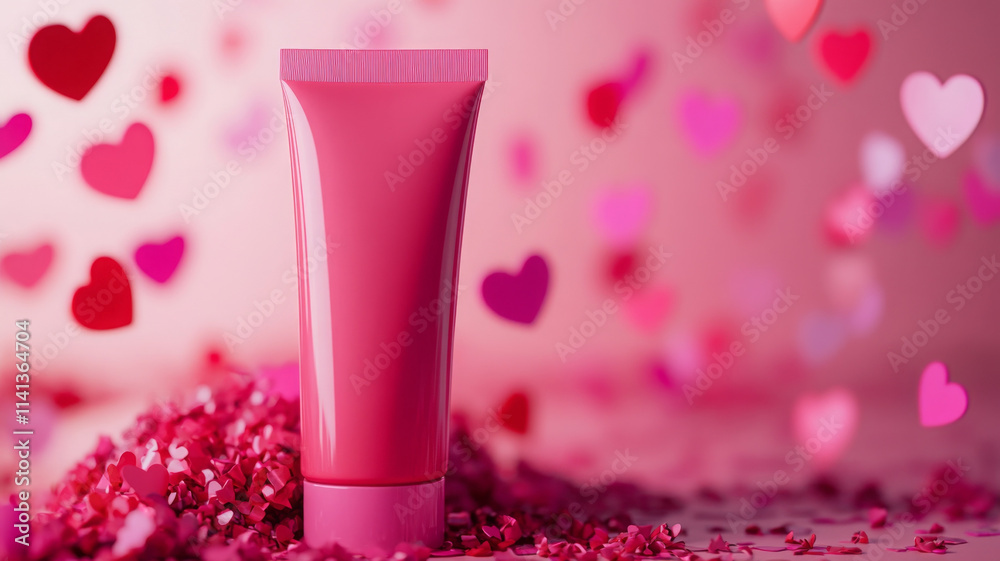 minimal rendering of pink BB cream tube surrounded by heart confetti minimal rendering of pink BB cream tube surrounded by heart confetti